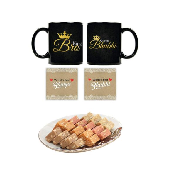 Yaya Cafe™ Rakhi Sweets Gift Combo for Bhaiya Bhabhi, King Bro Queen Bhabhi Mug, MEWA Bites, Coaster Gift Combo of 5 Birthday