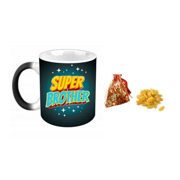 TheYaYaCafe Dry Fruits with Super Brother Ceramic Mug 330ml , Engraved Wooden Rakhi, Raisins, Tilak Roli-Tika, Coaster Combo