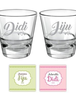 TheYaYaCafe Birthday Rakhi Gifts for Didi Jiju (Brother-in-Law) Hearts Couple Whiskey Glasses - 350 ml, Coasters Set of 4