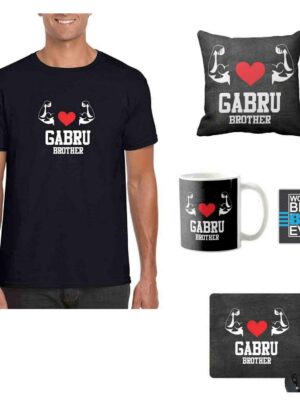TheYaYaCafe Yaya Cafe Bhaidooj Gifts Combo for Brother, Gabru Brother T-Shirt, Mug, Coaster, Mouse Pad, Cushion Cover, Set of 5