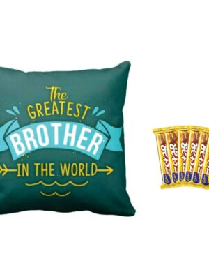 YaYa cafe™ Birthday Printed Greatest Brother in The World Cushion Cover 20 x 20 inches with 6 Pcs of 5 Star Chocolates Rakhi