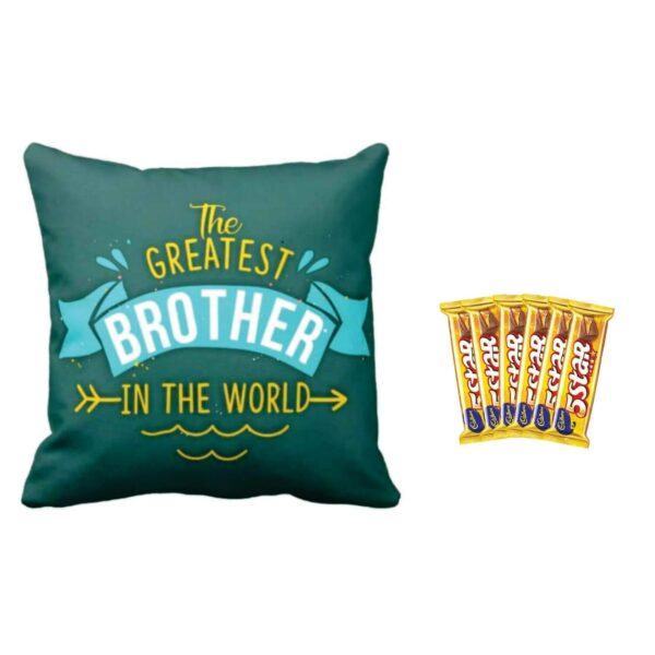 YaYa cafe™ Birthday Printed Greatest Brother in The World Cushion Cover 20 x 20 inches with 6 Pcs of 5 Star Chocolates Rakhi