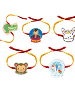 Baby Saurus , Super bro ,Rabbit , Cute Lil bro & Coolest Bro Kids rakhis Combo pack of 5