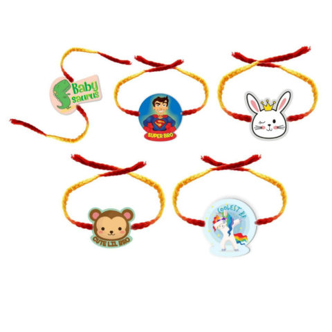 Baby Saurus , Super bro ,Rabbit , Cute Lil bro & Coolest Bro Kids rakhis Combo pack of 5