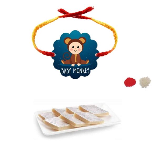 YaYa Cafe Rakhi Sweets Gift Combo for Brother Baby Monkey Printed Rakhi, Kaju Katli - 1 kg, Gift Combo of 2 Raksha Bandhan