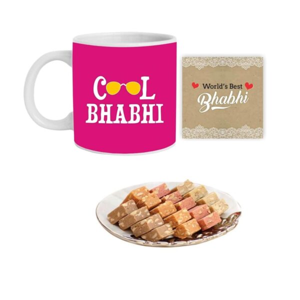 Yaya Cafe Rakhi Sweets Gift Combo for Bhabhi, Cool Bhabhi Hamper Set of 4 - Mug, Coaster, MEWA Bites - 400 gm, Printed Rakhi
