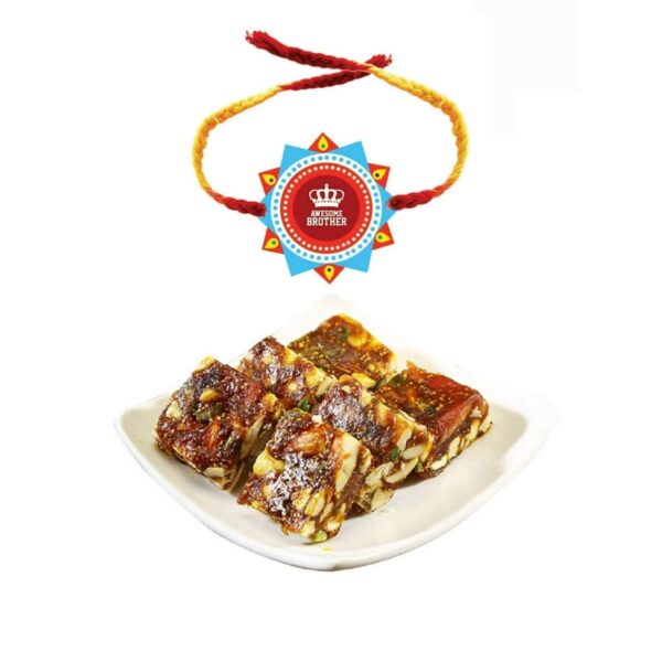 Yaya Cafe Printed Rakhi Sweets Gift Combo for Brothers, Awesome Brother Printed Rakhi, Anjeer Barfi - 1kg, Gift Combo Raksha