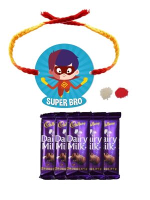 YaYa Cafe™ Rakhi Chocolates Gift Combo for Brother, Super Bro Rakhi with 5 Pcs Dairy Milk Chocolate Gift Combo Birthday