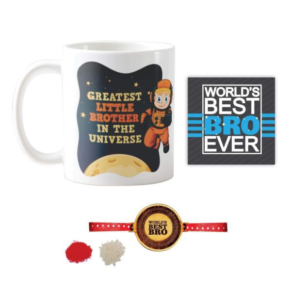 YaYa cafe Birthday Rakhi Chocolates Gift Combo for Kid Brother, Greatest Little Brother in Universe Mug, Coaster, Birthday