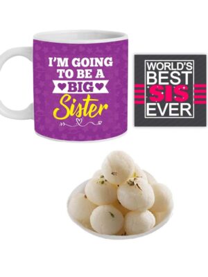 Yaya Cafe Rakhi Sweets Gift Combo for New Sister, I Am Going to Be Big Sister Hamper Set of 3 - Mug, Coaster, Rasgulla - 1 Kg
