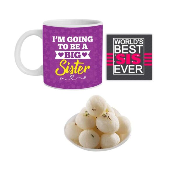 Yaya Cafe Rakhi Sweets Gift Combo for New Sister, I Am Going to Be Big Sister Hamper Set of 3 - Mug, Coaster, Rasgulla - 1 Kg