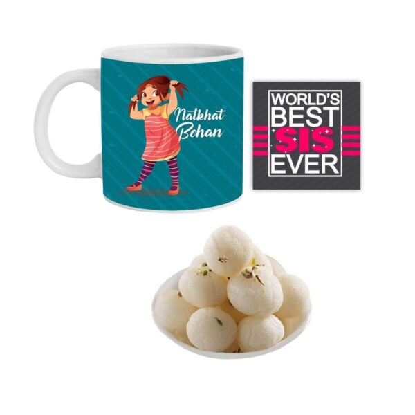 Yaya Cafe Rakhi Sweets Gift Combo for Sister, Natkhat Behan Hamper Set of 3 - Mug, Coaster, Rasgulla - 1 Kg