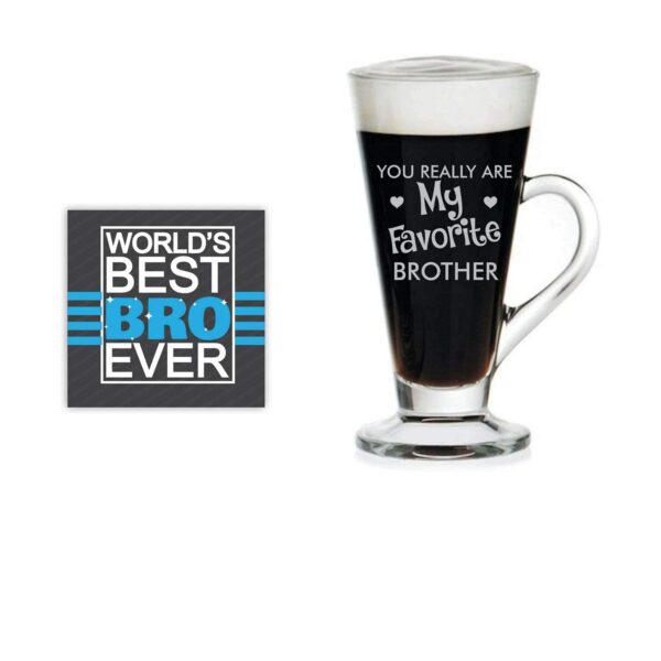 Yaya Cafe Brother, Favorite Brother Glass Tea Mug Cups, Coaster Set of 2 Birthday Rakhi Gifts (230 ml, Clear) Birthday Rakhi