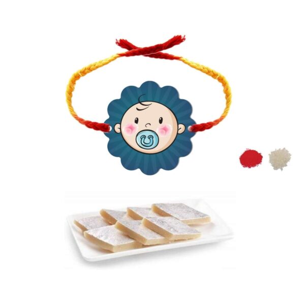 YaYa Cafe Rakhi Sweets Gift Combo for Brother Cute Baby Boy Printed Rakhi, Kaju Katli - 500 gm, Gift Combo of 2 Raksha Bandhan