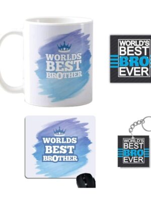 TheYaYaCafe Birthday, Rakhi Combo for Brother, Best Brother Ceramic Mug, Coaster, Mousepad, Keychain, Set of 5, Blue
