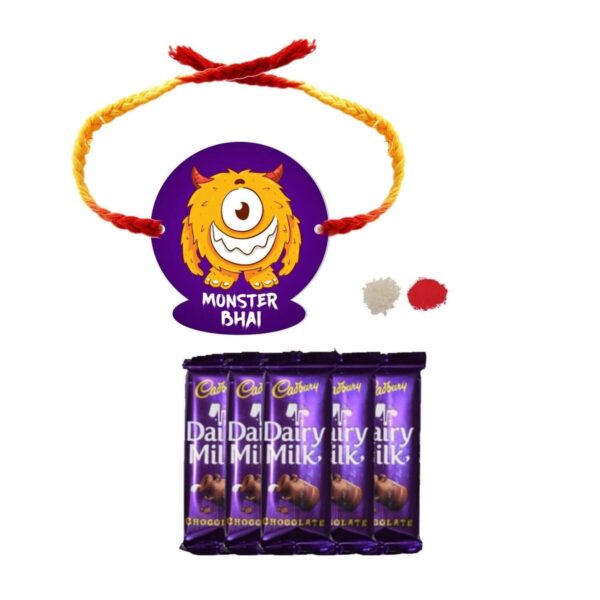 YaYa Cafe™ Rakhi Chocolates Gift Combo for Brother, Monster Bhai Rakhi with 5 Pcs Dairy Milk Chocolate Gift Combo Birthday