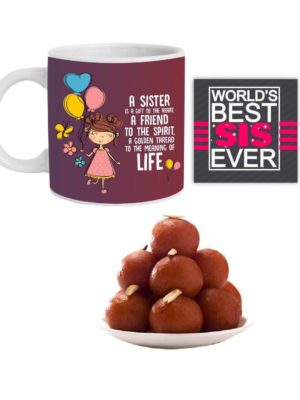 A Sister is a Gift to The Heart Hamper Set of 3 - Mug, Coaster, Gulab Jamun - 1 Kg