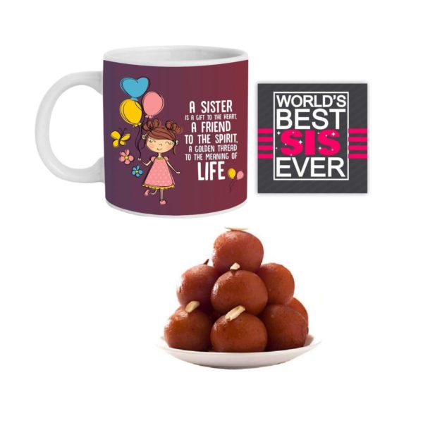 A Sister is a Gift to The Heart Hamper Set of 3 - Mug, Coaster, Gulab Jamun - 1 Kg