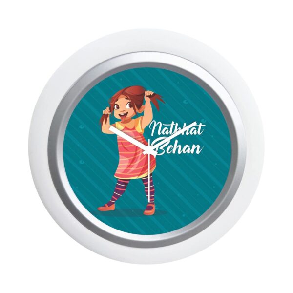 TheYaYaCafe Rakhi Gifts for Sister 6x6 Inches Round Desk Clock (White Frame, Unbreakable Flexiglass Cover, Analog) Natkhat Behan