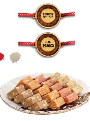 Buddy Brother & Lil Brother Printed Rakhi with Mewa Bites Barfi Sweets Gift   Combo - Pack of 3