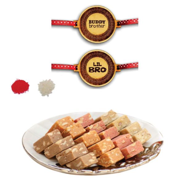 Buddy Brother & Lil Brother Printed Rakhi with Mewa Bites Barfi Sweets Gift   Combo - Pack of 3