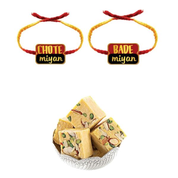 Yaya Cafe Printed Rakhi Sweets Gift Combo for Brothers, Bade Miyan Chote Miyan Printed Rakhi, Badam Patisa - 1 Kg, Raksha