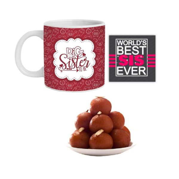 Yaya Cafe Rakhi Sweets Gift Combo for New Sister,Big Sister to Be Hamper Set of 3 - Mug, Coaster, Gulab Jamun - 1 Kg