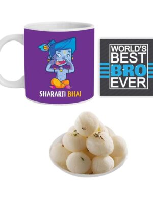 Yaya Cafe Rakhi Sweets Gift Combo for Brother , Shararti Bhai Hamper Set of 4 - Mug, Coaster, Rasgulla - 1 Kg, Printed Rakhi