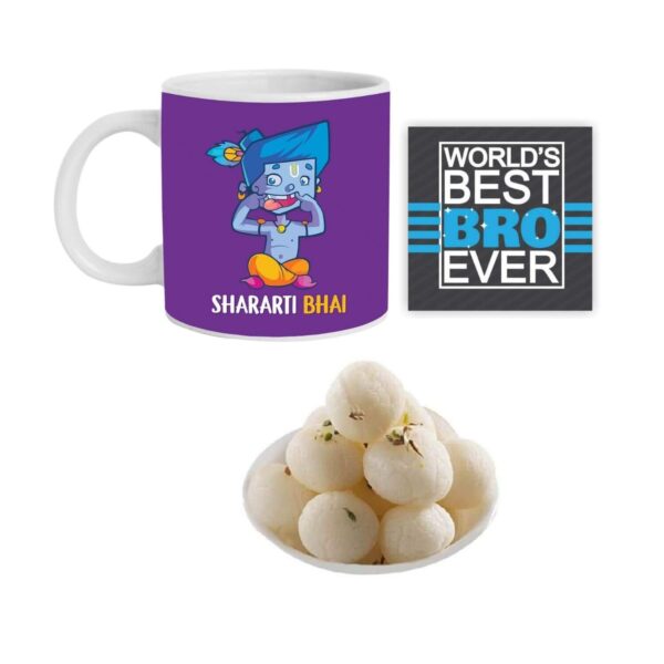 Yaya Cafe Rakhi Sweets Gift Combo for Brother , Shararti Bhai Hamper Set of 4 - Mug, Coaster, Rasgulla - 1 Kg, Printed Rakhi