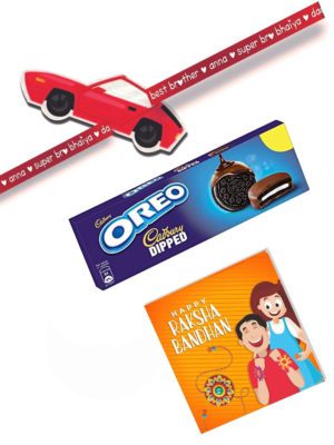 Cadbury Oreo Dipped Chocolate Gift  with Car Kids Rakhi Combo Of - 2