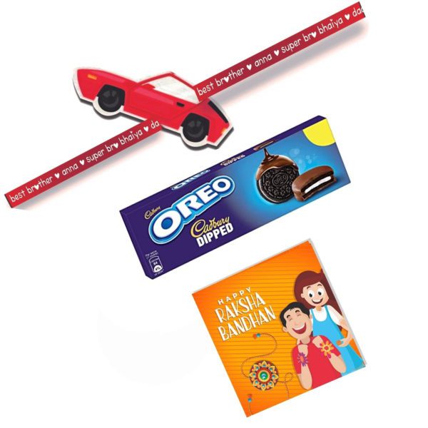 Cadbury Oreo Dipped Chocolate Gift  with Car Kids Rakhi Combo Of - 2