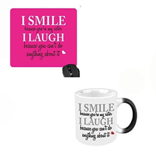 Rakhi Gifts for Sister Combo, Funny Teasing Magic Mug for Sister, Coaster, Mousepad Set of 3