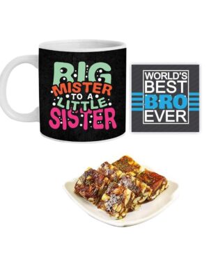 Rakhi Sweets Gift Combo for Brother , Big Mister to A Little Sister Hamper Set of 3 - Mug, Coaster, Anjeer Burfi - 1kg