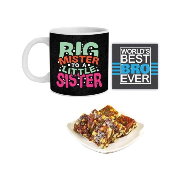 Rakhi Sweets Gift Combo for Brother , Big Mister to A Little Sister Hamper Set of 3 - Mug, Coaster, Anjeer Burfi - 1kg