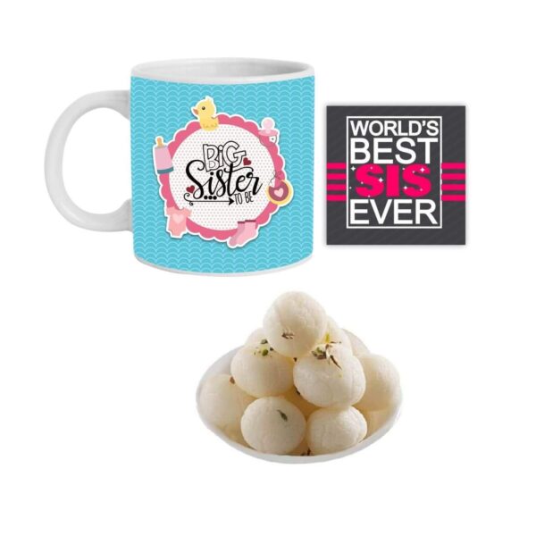 Big Sister to Be Hamper Set of 3 - Mug, Coaster, Rasgulla - 1 Kg