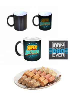 Yaya Cafe™ Rakhi Sweets Gift Combo for Brother, Super Brother Mug, MEWA Bites, Coaster Gift Combo of 3 Birthday