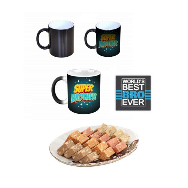 Yaya Cafe™ Rakhi Sweets Gift Combo for Brother, Super Brother Mug, MEWA Bites, Coaster Gift Combo of 3 Birthday
