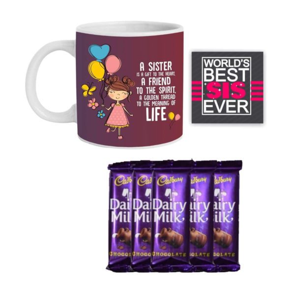 YaYa Cafe Birthday Rakhi Gift Combo for Sister is a Gift to Heart Friend for Life Mug with 5 Dairy Milk Chocolates, Coaster Set