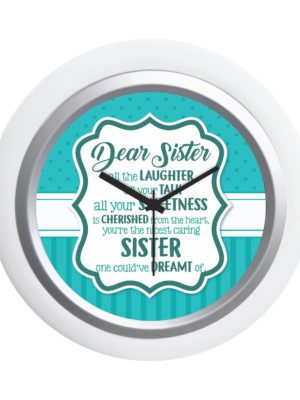 TheYaYaCafe Rakhi Gifts for Sister 6x6 Inches Round Desk Clock (White Frame, Unbreakable Flexiglass Cover, Analog) Dear Sister -