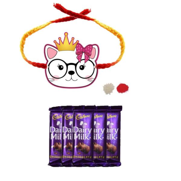 YaYa Cafe™ Rakhi Chocolates Gift Combo for Brother, Kitty Rakhi with 5 Pcs Dairy Milk Chocolate Gift Combo Birthday