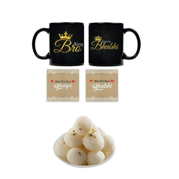 Yaya Cafe� Rakhi Sweets Gift Combo for Bhaiya Bhabhi, King Bro Queen Bhabhi Mug, Rasgulla, Coaster Gift Combo of 5 Birthday