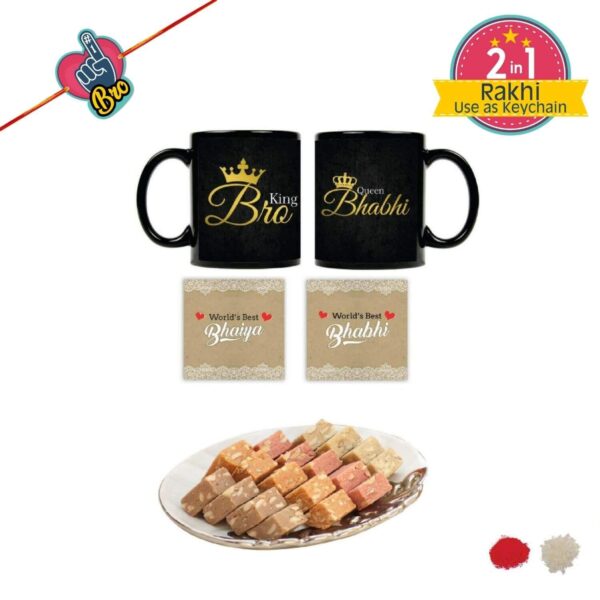 Yaya Cafe™ Rakhi Sweets Gift Combo for Bhaiya Bhabhi, King Bro Queen Bhabhi Mug, MEWA Bites, Coaster Gift Combo of 5 Birthday