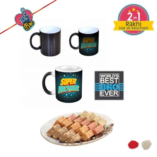 Yaya Cafe™ Rakhi Sweets Gift Combo for Brother, Super Brother Mug, MEWA Bites, Coaster Gift Combo of 3 Birthday