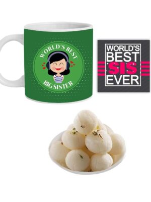 Yaya Cafe Rakhi Sweets Gift Combo for Sister, Worlds Best Big Sister Hamper Set of 3 - Mug, Coaster, Rasgulla - 1 Kg