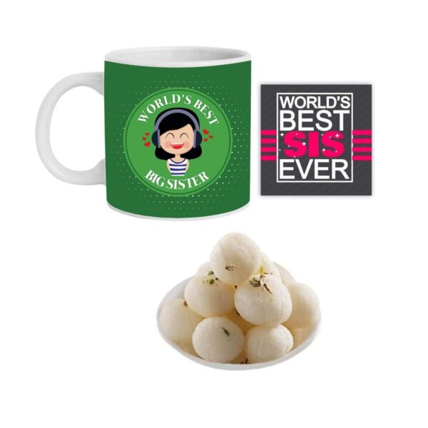Yaya Cafe Rakhi Sweets Gift Combo for Sister, Worlds Best Big Sister Hamper Set of 3 - Mug, Coaster, Rasgulla - 1 Kg