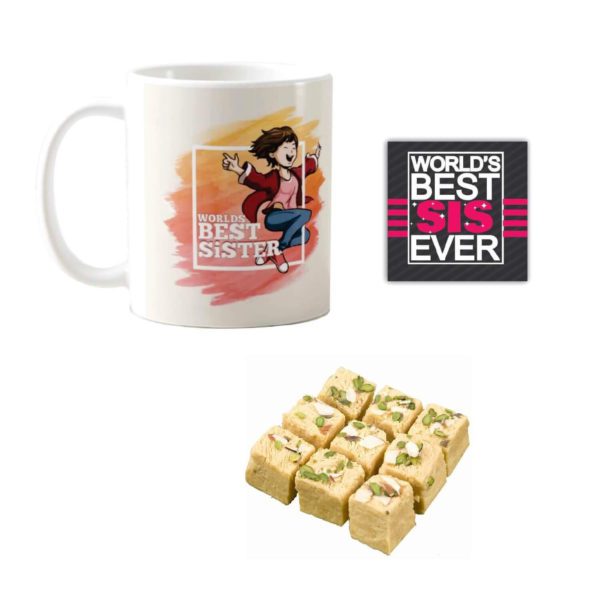 Yaya Cafe™ Rakhi Sweets Gift Combo for Sister,Worlds Best Sister Mug, Badam Patisa, Coaster Gift Combo of 3 Birthday