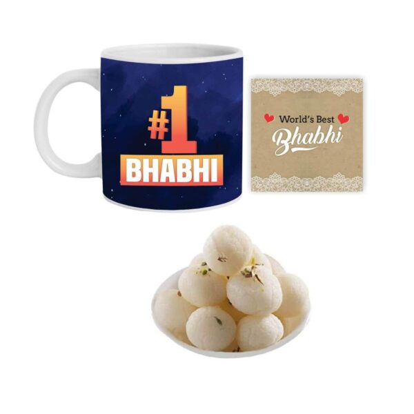 Yaya Cafe Rakhi Sweets Gift Combo for Bhabhi, 1 Bhabhi Hamper Set of 4 - Mug, Coaster, Rasgulla - 1 Kg, Printed Rakhi (No.1