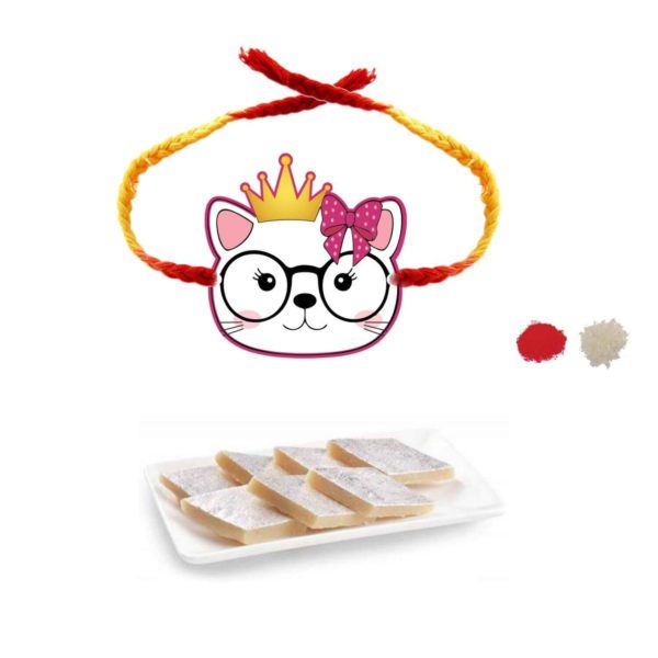 YaYa Cafe Rakhi Sweets Gift Combo for Brother Kitty Printed Rakhi, Kaju Katli - 100 gm, Gift Combo of 2 Raksha Bandhan