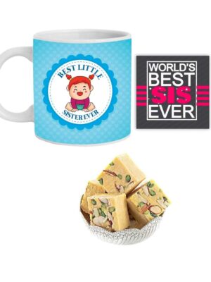 Yaya Cafe Rakhi Sweets Gift Combo for Sister, Best Little Sister Ever Hamper Set of 3 - Mug, Coaster, Badam Patisa - 1 Kg