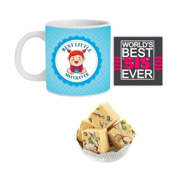 Yaya Cafe Rakhi Sweets Gift Combo for Sister, Best Little Sister Ever Hamper Set of 3 - Mug, Coaster, Badam Patisa - 1 Kg